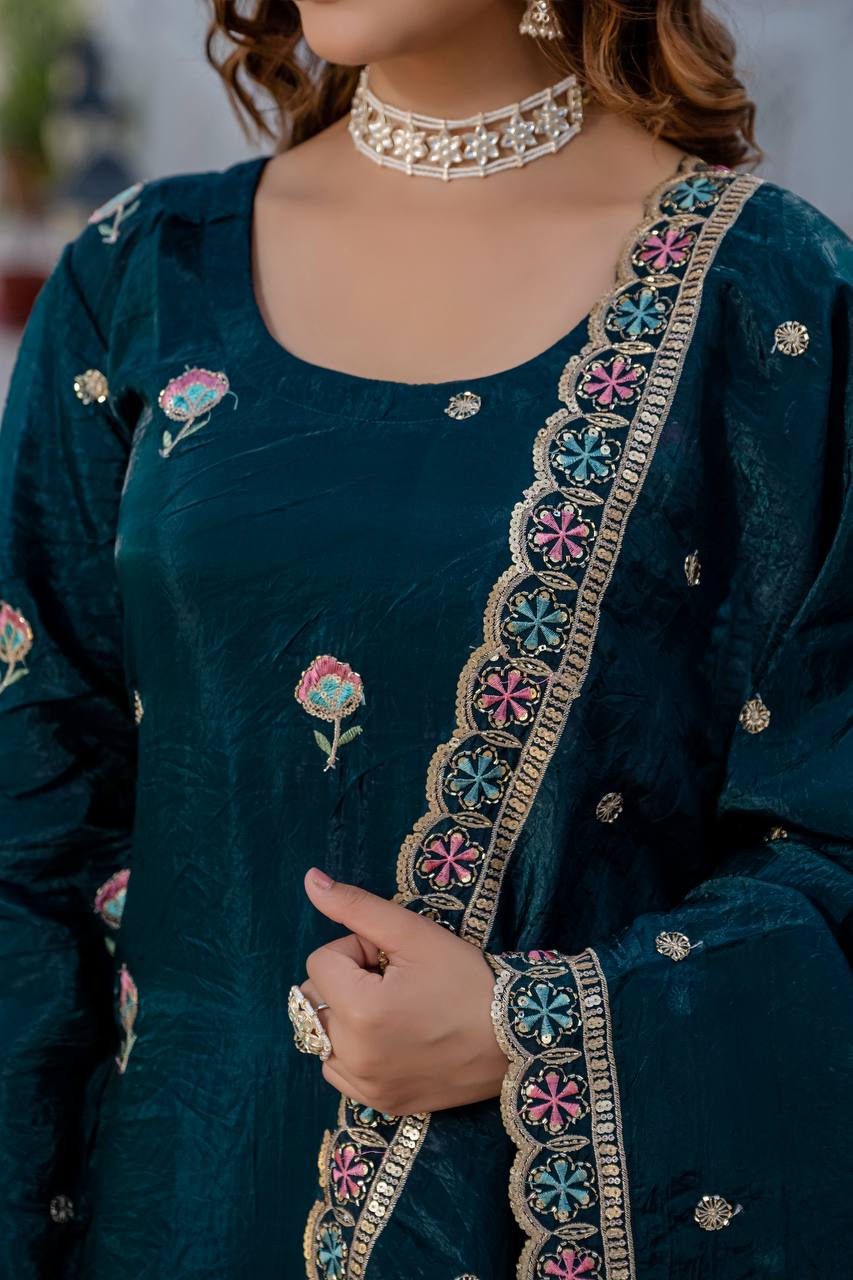 Function Wear Teal Color Gold Crush With Sequins Heavy Embroidery Work Beautiful Kurti Plazzo Dupatta Set
