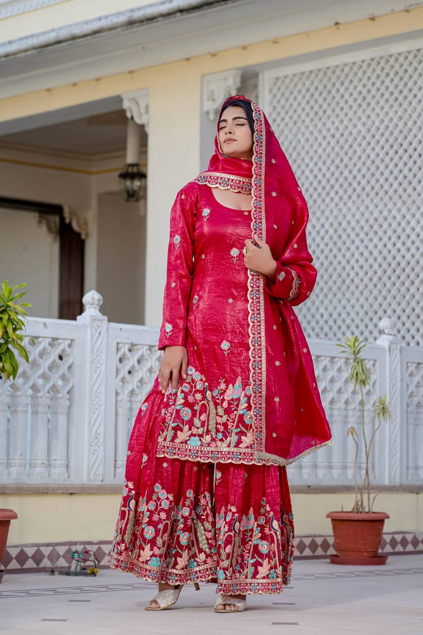 Function Wear Pink Color Gold Crush With Sequins Heavy Embroidery Work Beautiful Kurti Plazzo Dupatta Set