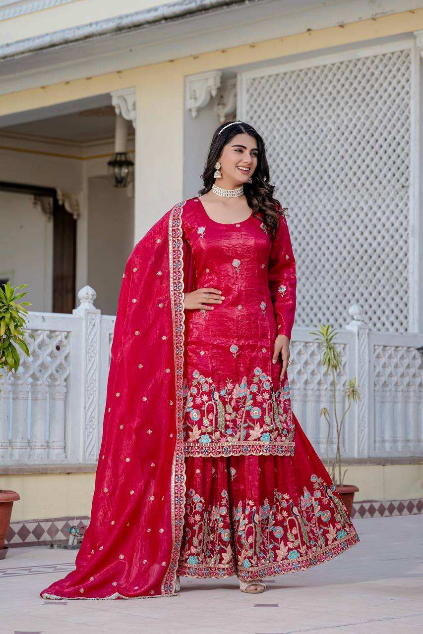 Function Wear Pink Color Gold Crush With Sequins Heavy Embroidery Work Beautiful Kurti Plazzo Dupatta Set