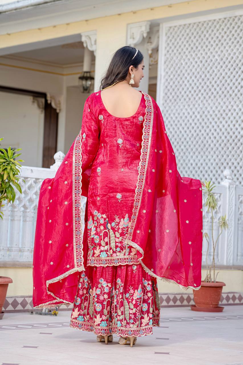 Function Wear Pink Color Gold Crush With Sequins Heavy Embroidery Work Beautiful Kurti Plazzo Dupatta Set