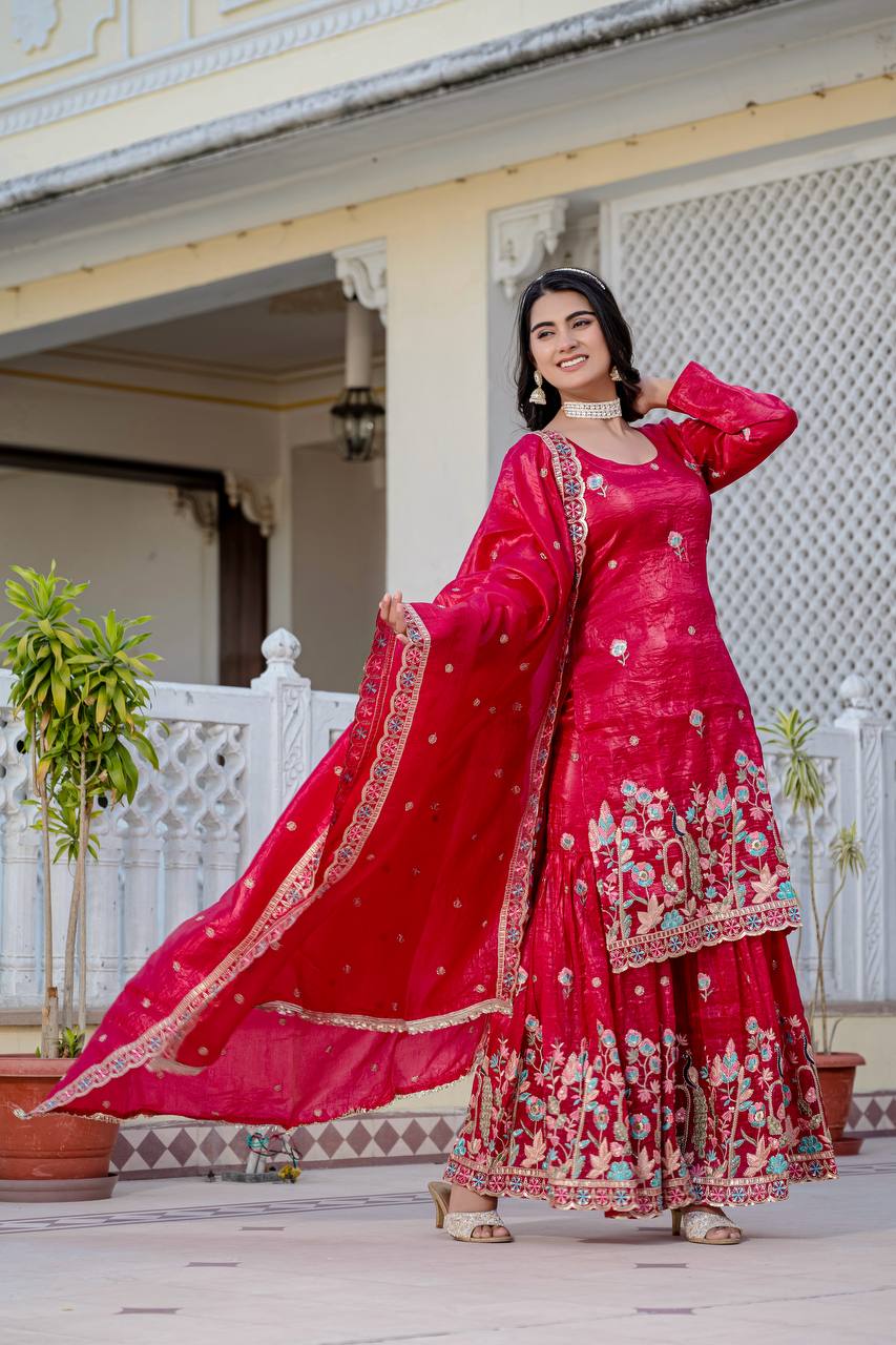 Function Wear Pink Color Gold Crush With Sequins Heavy Embroidery Work Beautiful Kurti Plazzo Dupatta Set