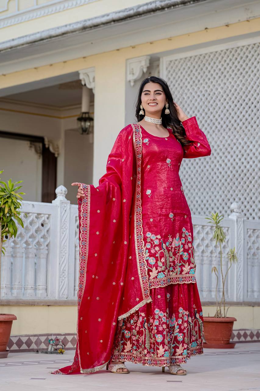 Function Wear Pink Color Gold Crush With Sequins Heavy Embroidery Work Beautiful Kurti Plazzo Dupatta Set