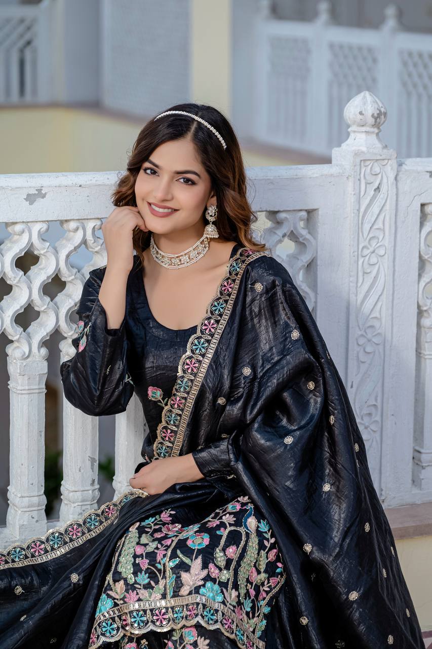 Party Wear Black Color Gold Crush With Sequins Heavy Embroidery Work Beautiful Kurti Plazzo Dupatta Set