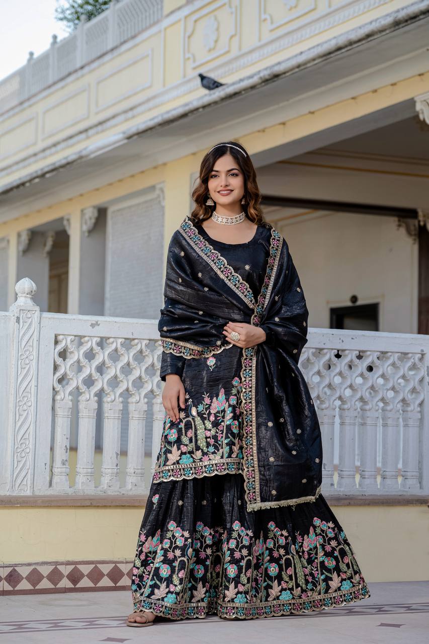 Party Wear Black Color Gold Crush With Sequins Heavy Embroidery Work Beautiful Kurti Plazzo Dupatta Set