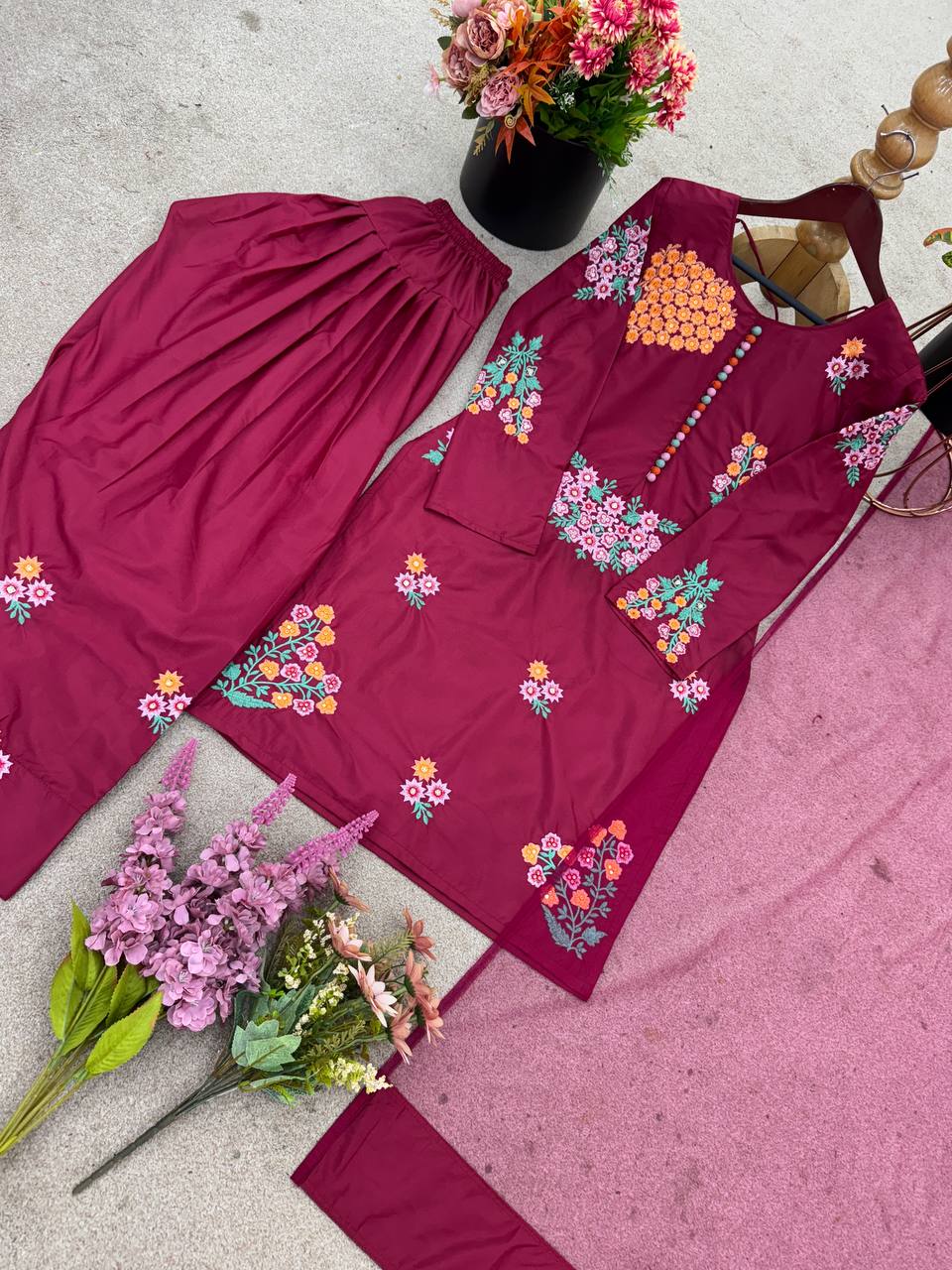 Beauitful Pink Color Pure Natural Crep Silk With Embroidery Sequence Work Palazzo Suit