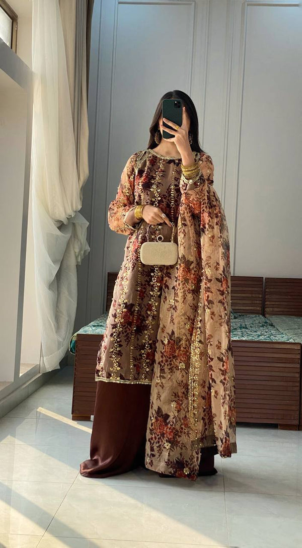 Party Wear Brown Color Faux Georgette Embroidery With Sequence Work Rivet Moti With Digital Print Work Palazzo Suit