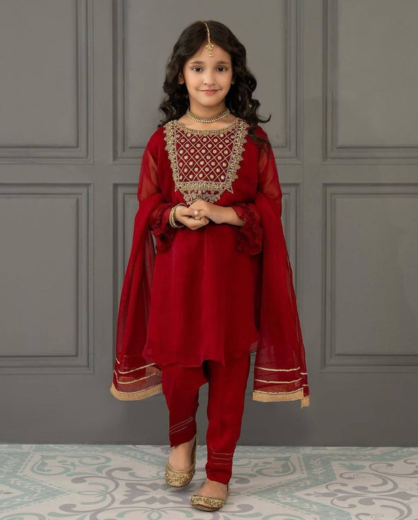 Designer Red Color Faux Georgette Embroidered Suit Set for Girls