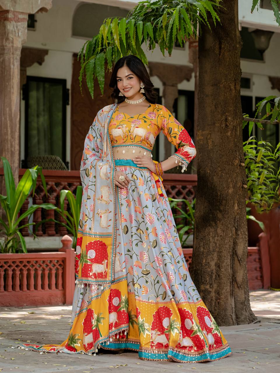 Exclusive Yellow Color Crepe Silk With Foil Printed Lehenga Choli Set With Dupatta