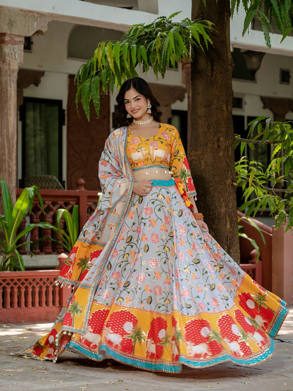 Exclusive Yellow Color Crepe Silk With Foil Printed Lehenga Choli Set With Dupatta