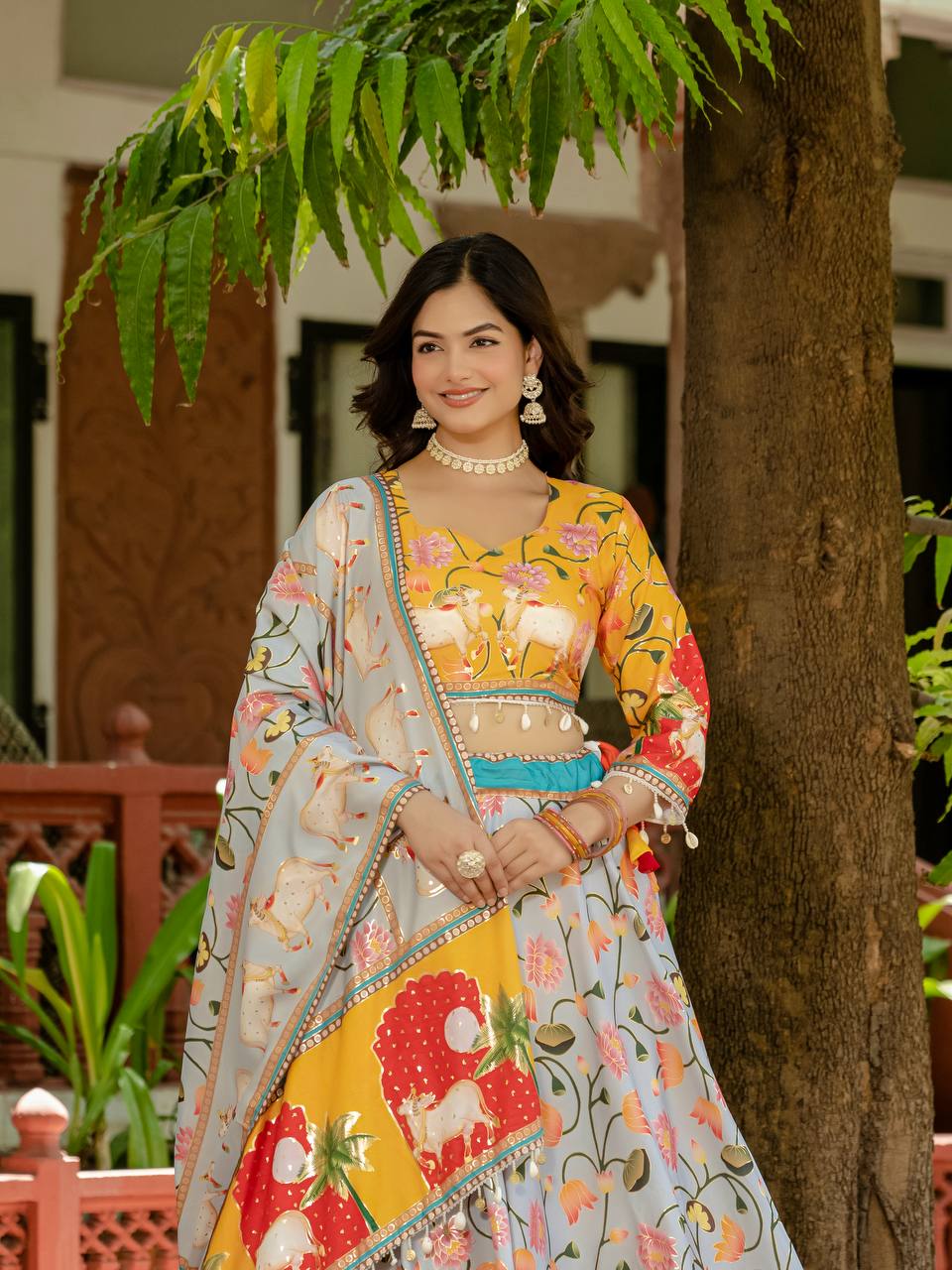 Exclusive Yellow Color Crepe Silk With Foil Printed Lehenga Choli Set With Dupatta