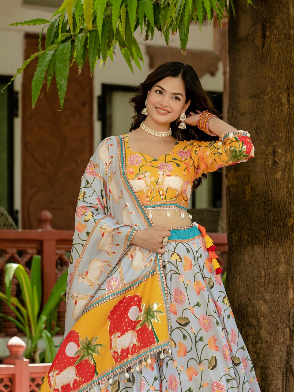 Exclusive Yellow Color Crepe Silk With Foil Printed Lehenga Choli Set With Dupatta