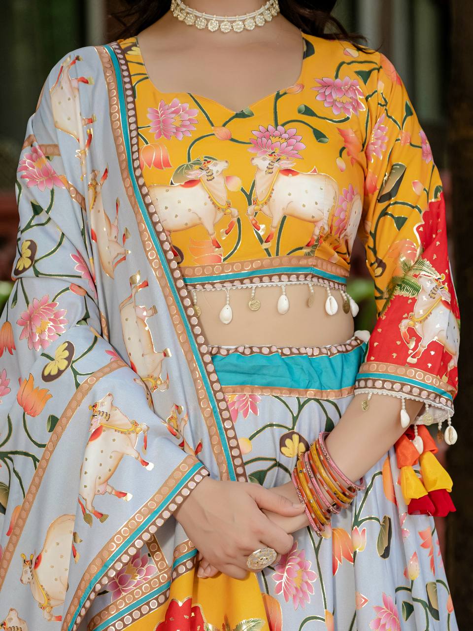 Exclusive Yellow Color Crepe Silk With Foil Printed Lehenga Choli Set With Dupatta
