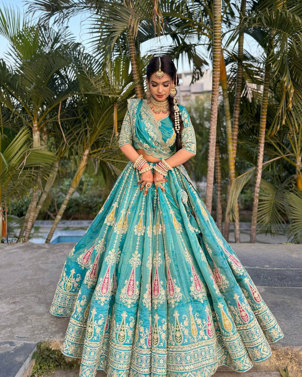 Wedding Wear Sky Green Color Embroidered With Thread And Sequin Work Cosmos Simmer Lehenga Choli Set
