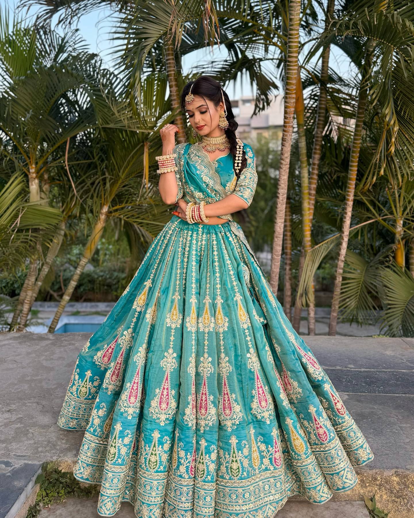 Wedding Wear Sky Green Color Embroidered With Thread And Sequin Work Cosmos Simmer Lehenga Choli Set