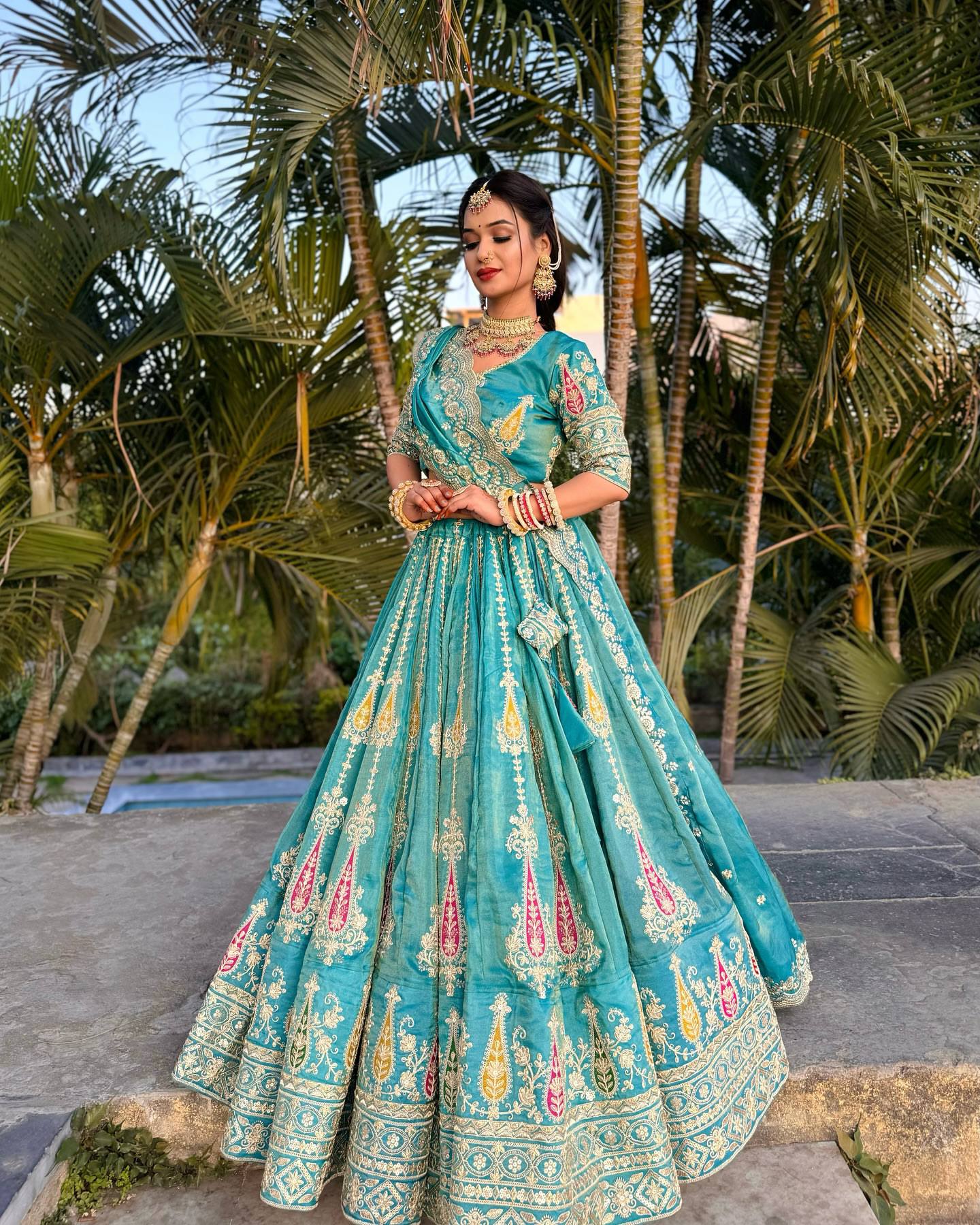 Wedding Wear Sky Green Color Embroidered With Thread And Sequin Work Cosmos Simmer Lehenga Choli Set