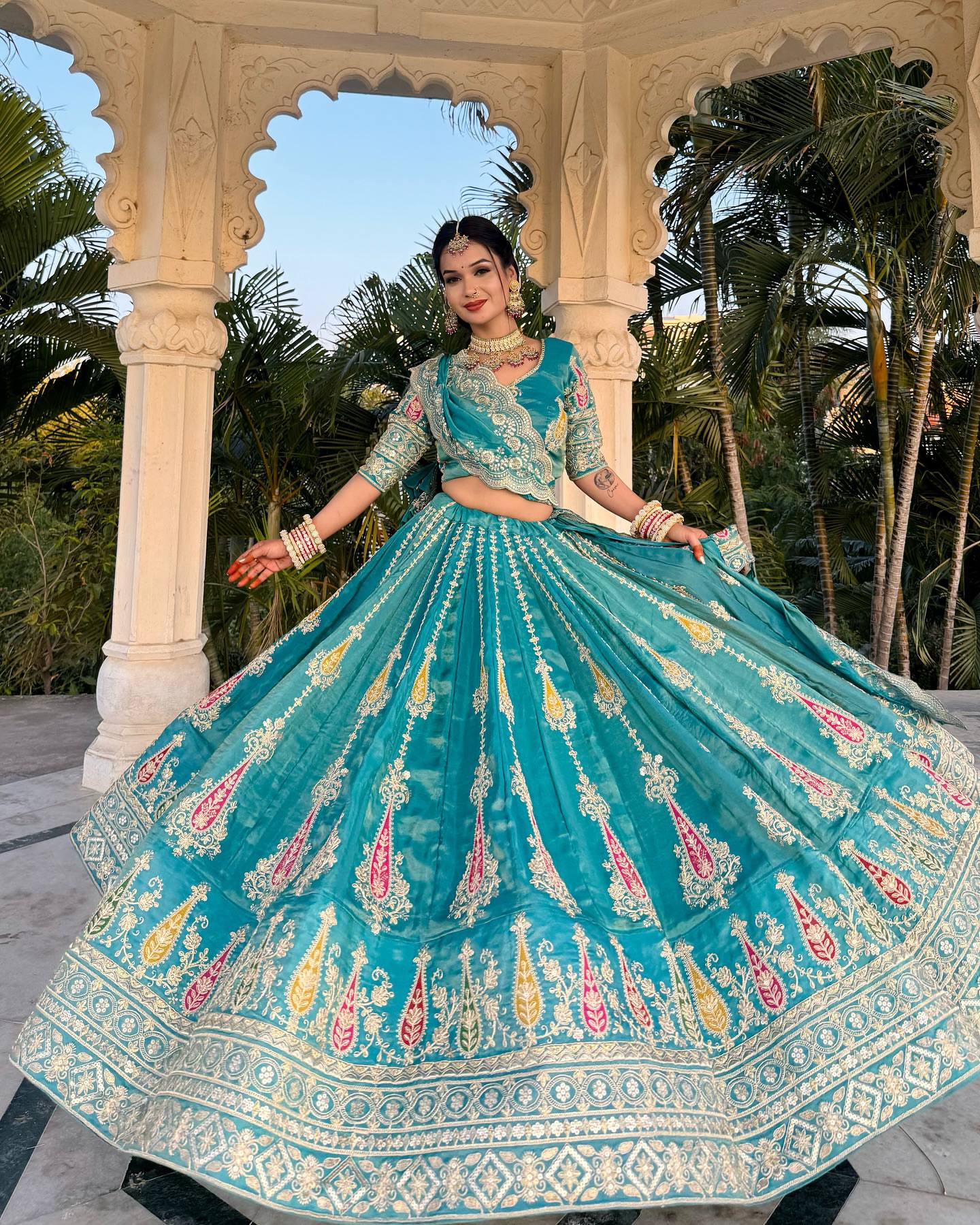 Wedding Wear Sky Green Color Embroidered With Thread And Sequin Work Cosmos Simmer Lehenga Choli Set