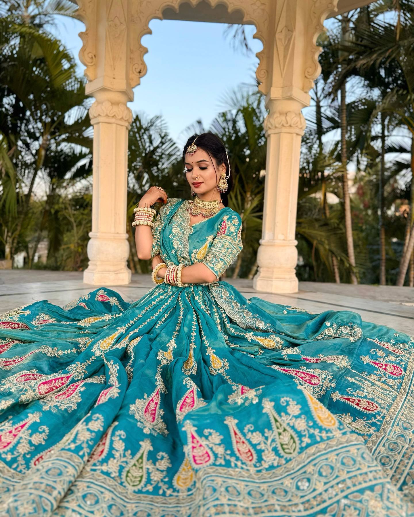 Wedding Wear Sky Green Color Embroidered With Thread And Sequin Work Cosmos Simmer Lehenga Choli Set