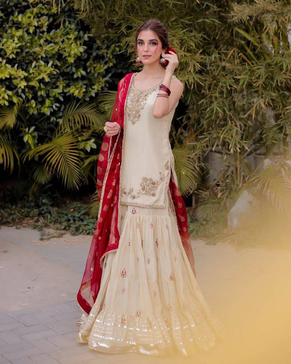 Festival Wear Cream Color Soft Chinon With Sequin Embroidery Beautiful Sharara Suit