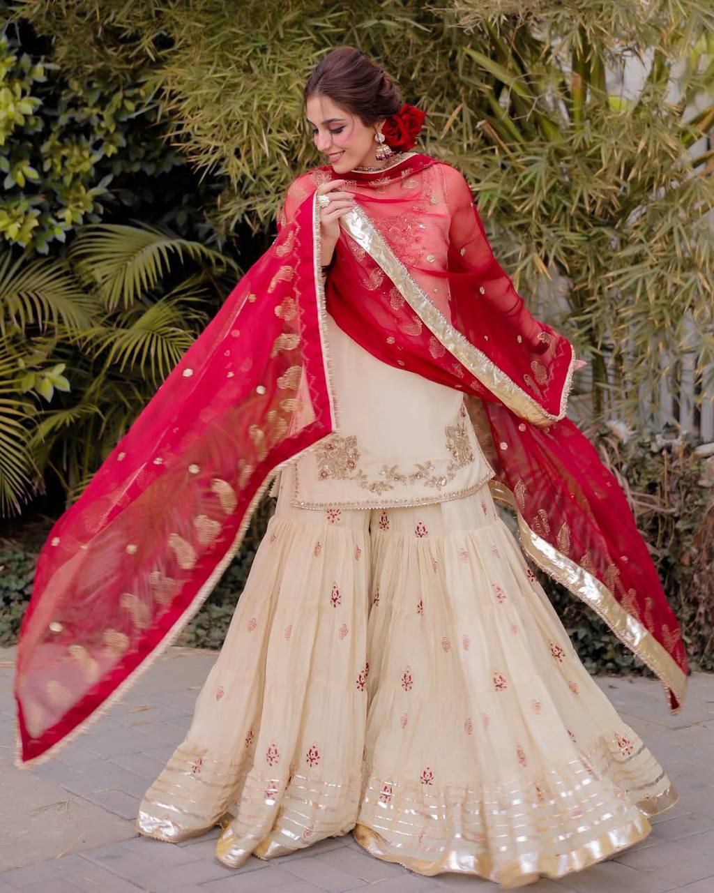 Festival Wear Cream Color Soft Chinon With Sequin Embroidery Beautiful Sharara Suit