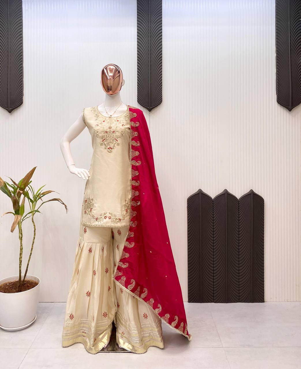 Festival Wear Cream Color Soft Chinon With Sequin Embroidery Beautiful Sharara Suit