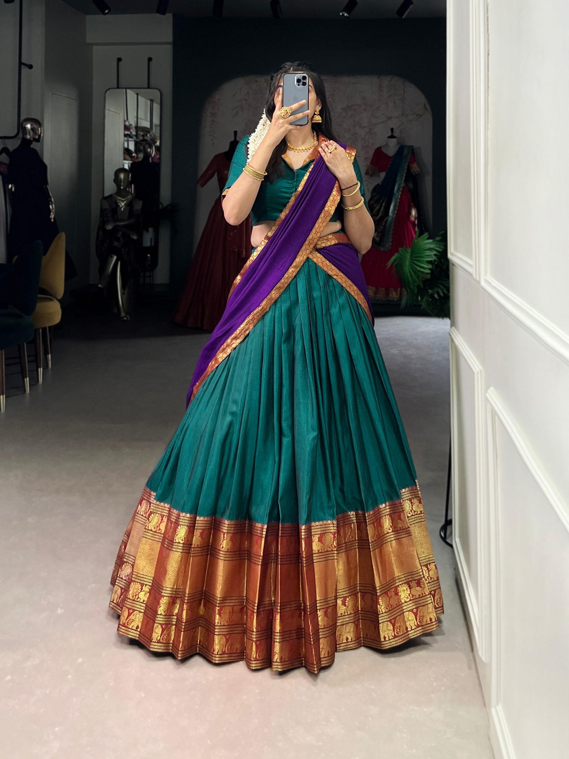 South Indian Style Narayanpet Cotton With Zari Weaving Work Green Lehenga With Purple Dupatta