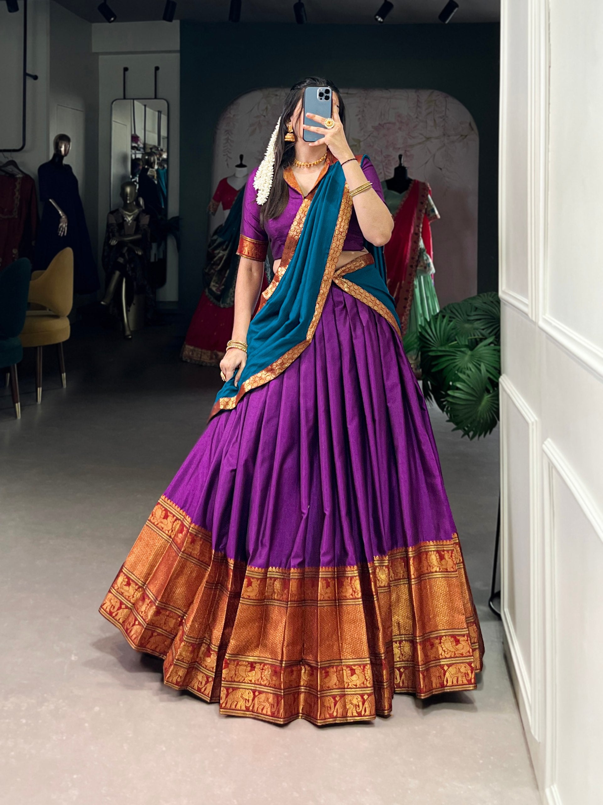 Traditional South Wear Narayanpet Cotton With Zari Weaving Work Purple Color Lehenga Choli