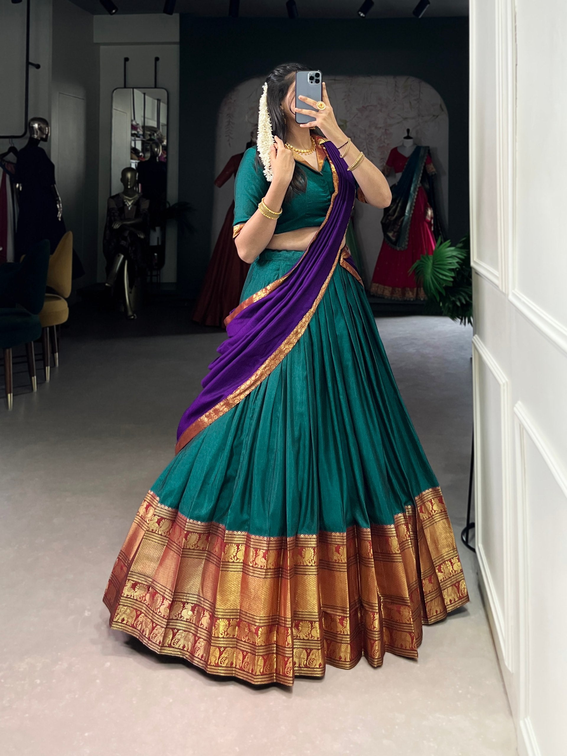 South Indian Style Narayanpet Cotton With Zari Weaving Work Green Lehenga With Purple Dupatta