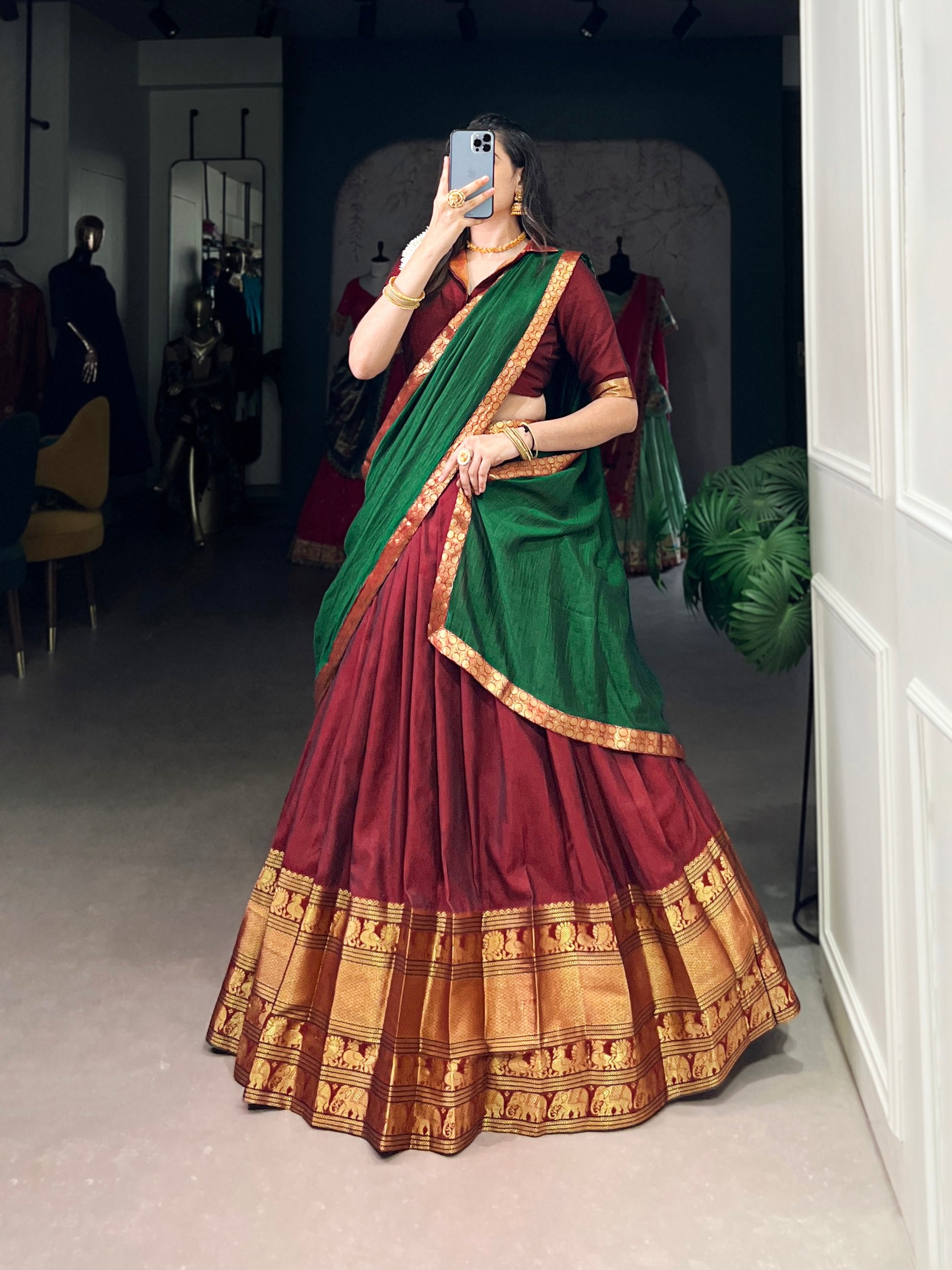 South Indian Style Narayanpet Cotton With Zari Weaving Work Maroon Lehenga With Green Dupatta