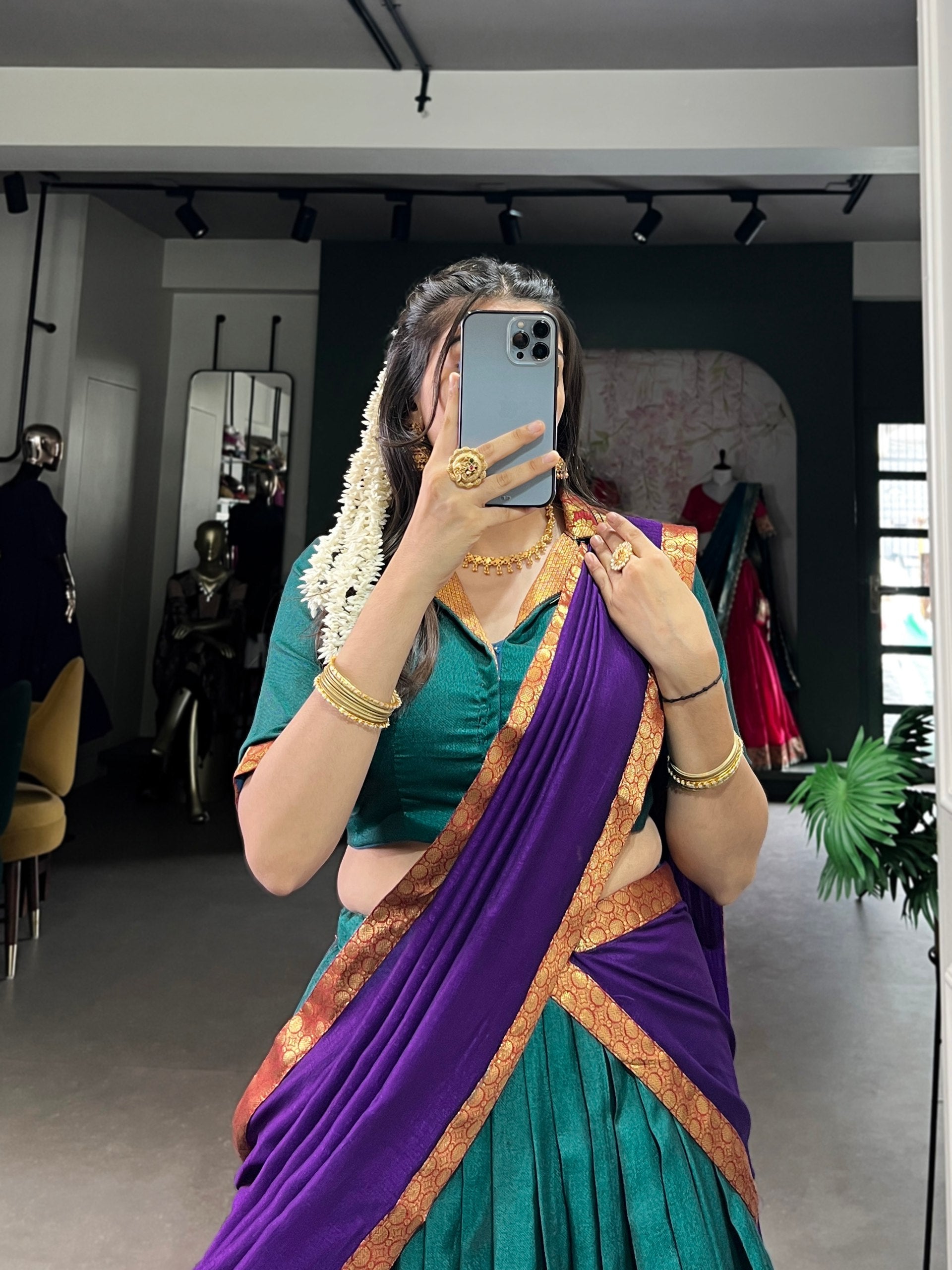 South Indian Style Narayanpet Cotton With Zari Weaving Work Green Lehenga With Purple Dupatta
