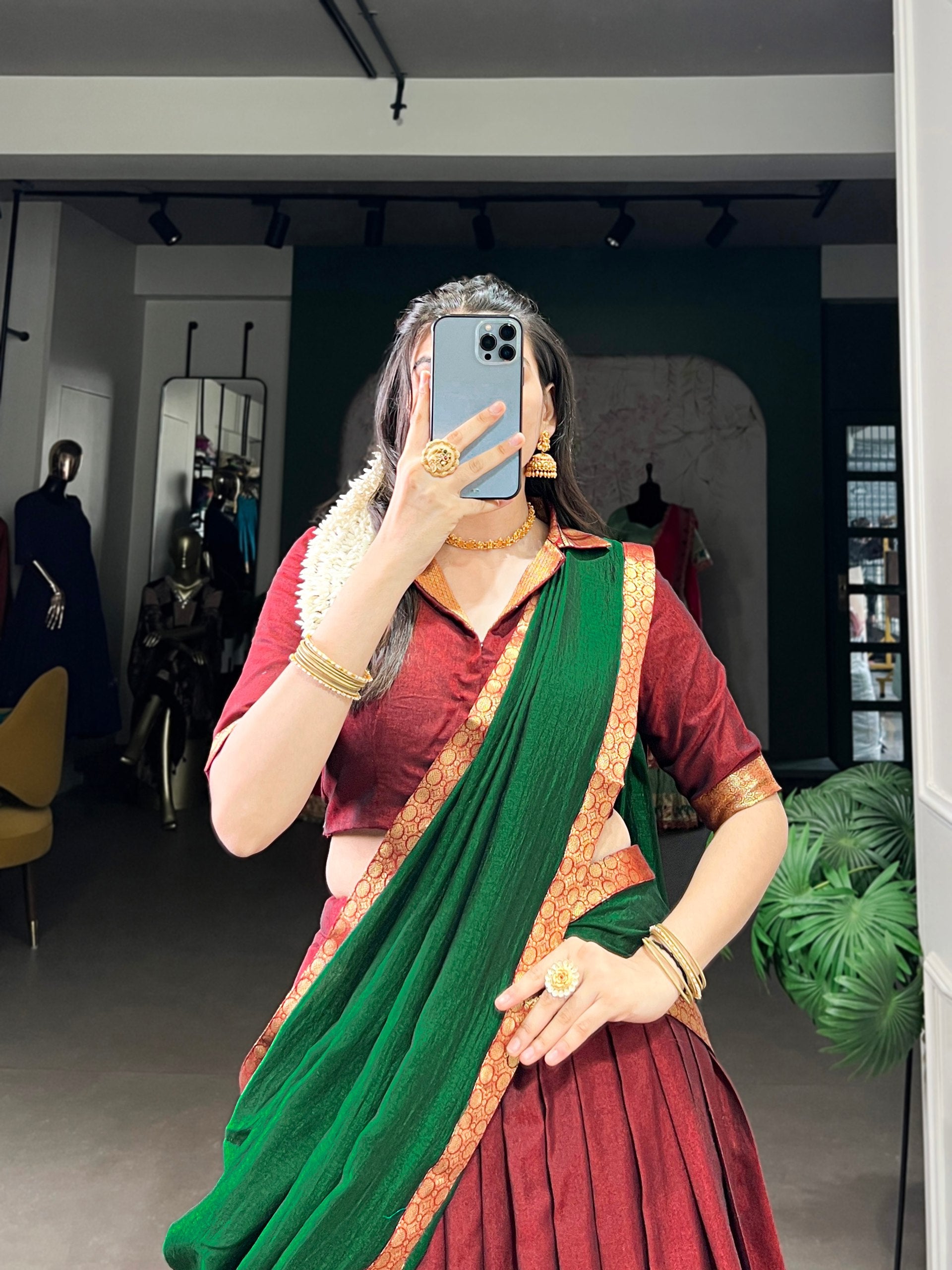 South Indian Style Narayanpet Cotton With Zari Weaving Work Maroon Lehenga With Green Dupatta