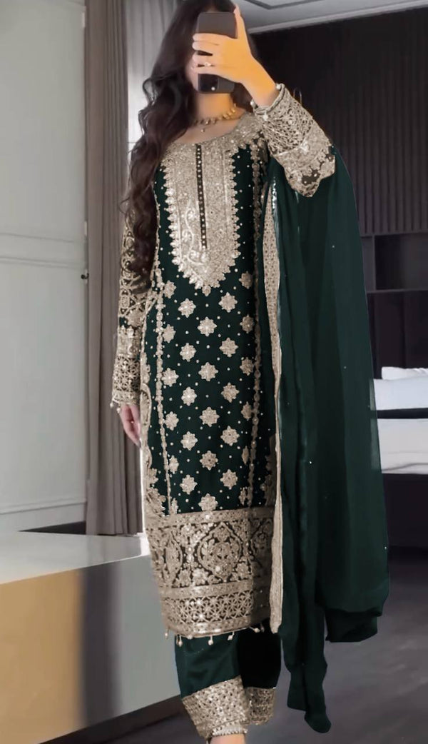 Reception Wear Green Color Faux Georgette With Heavy Embroidery Sequence Work Designer Salwar Suit