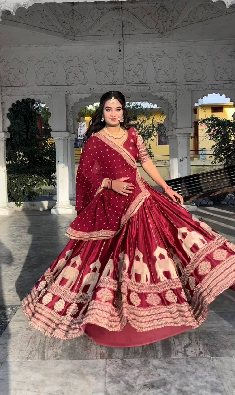 Wedding Wear Maroon Color Heavy Chinon Silk Embroidery With Sequence Work Lehenga Choli