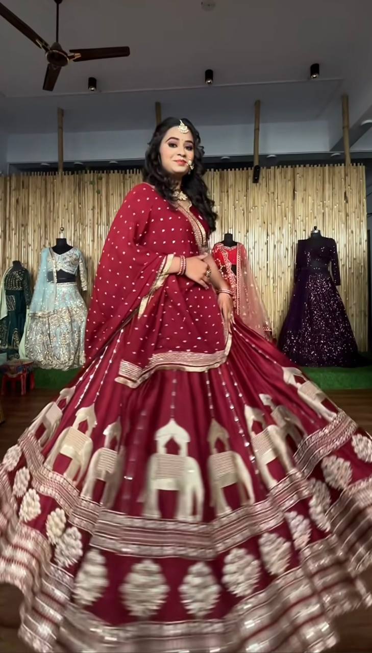Wedding Wear Maroon Color Heavy Chinon Silk Embroidery With Sequence Work Lehenga Choli