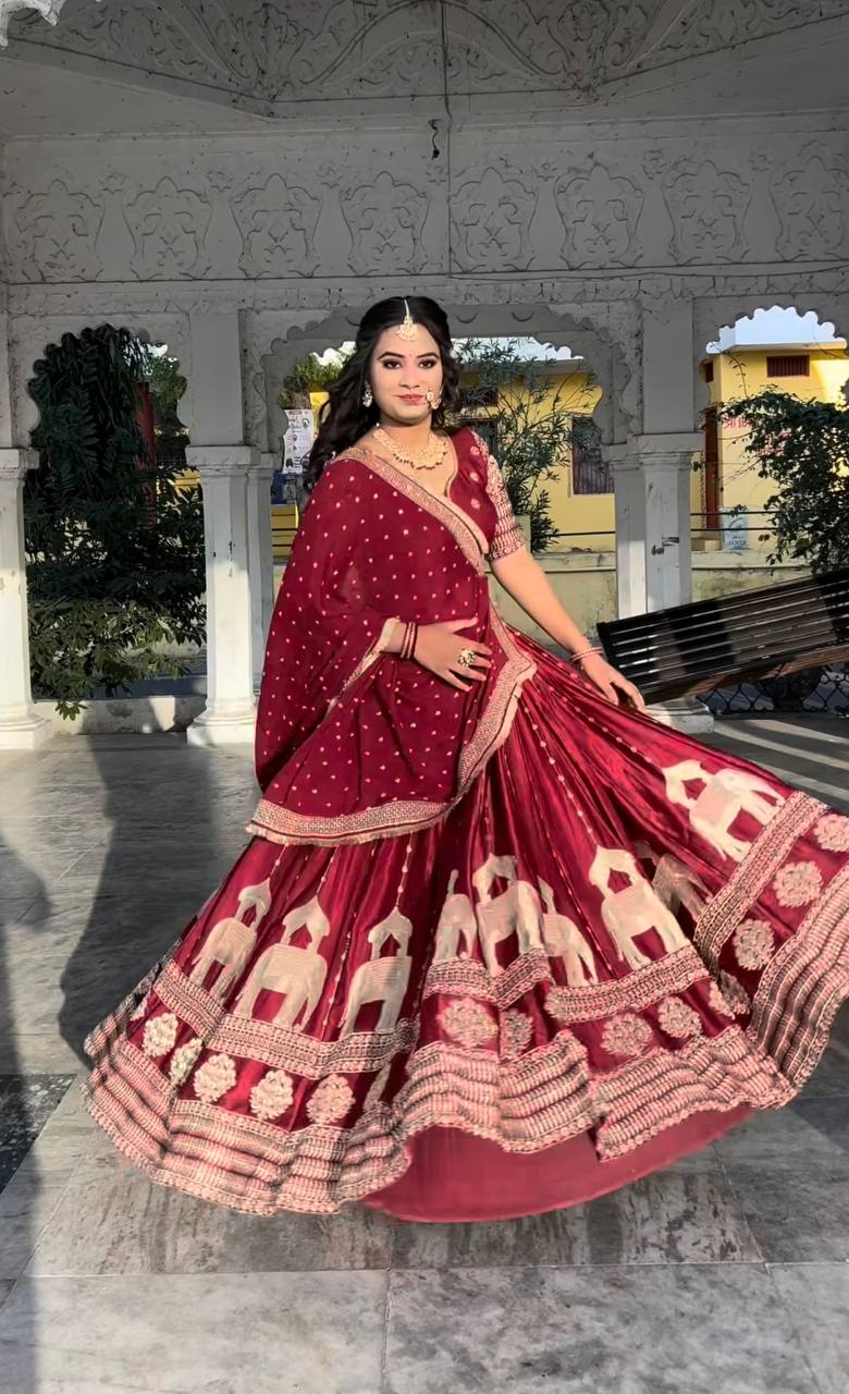 Wedding Wear Maroon Color Heavy Chinon Silk Embroidery With Sequence Work Lehenga Choli