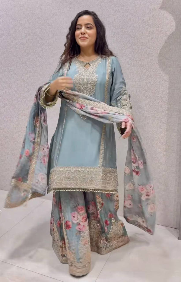 Occasion Wear Sky Blue Color Heavy Chinon Silk Sequence Embroidery And Coding Dori Work Palazzo Suit