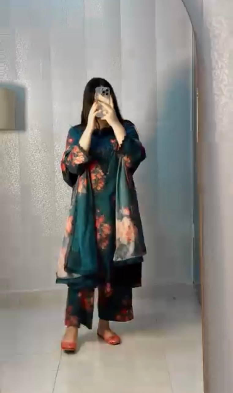 Elegant Green Color Digital Print And Embroidered Crepe Work Palazzo Suit Set