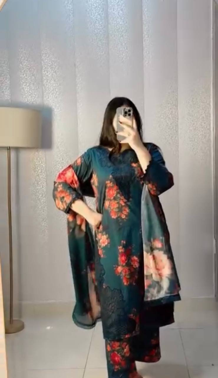 Elegant Green Color Digital Print And Embroidered Crepe Work Palazzo Suit Set