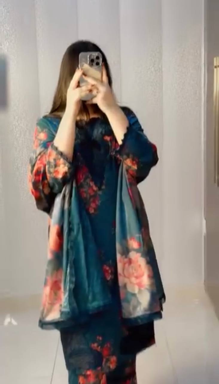 Elegant Green Color Digital Print And Embroidered Crepe Work Palazzo Suit Set