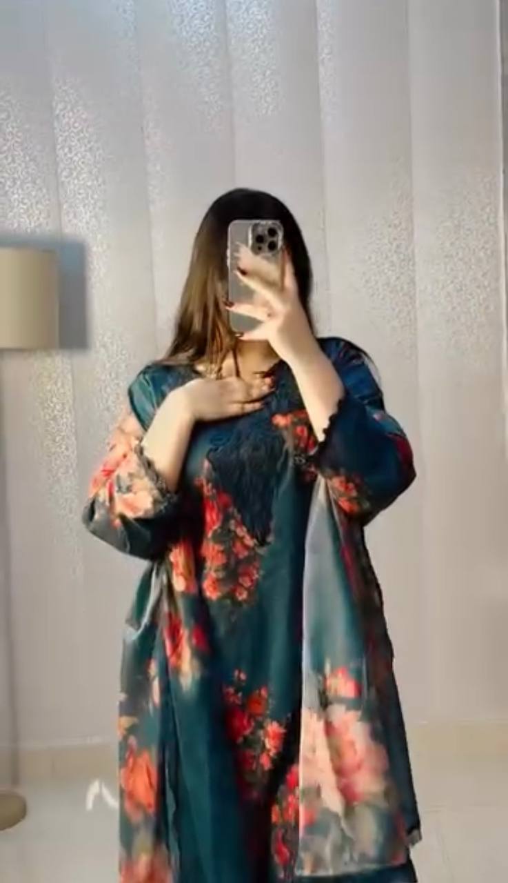 Elegant Green Color Digital Print And Embroidered Crepe Work Palazzo Suit Set