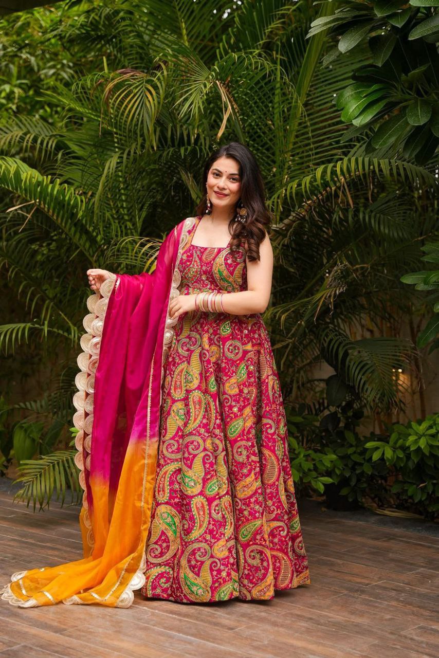 Engagement Wear Multi Color Jimmy Organza Silk Digital Printed Beautiful Anarkali Gown