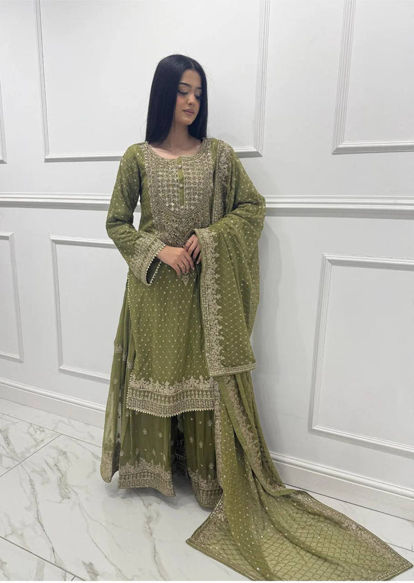 Sangeet Wear Green Color Faux Georgette And Thread With Sequence Embroidery Work Sharara Suit