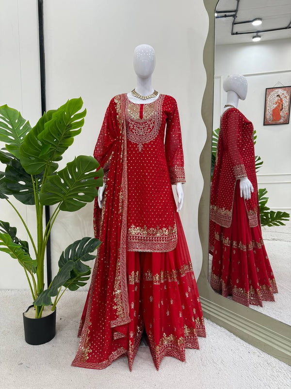 Patry Wear Red Color Faux Georgette And Thread With Sequence Embroidery Work Sharara Suit