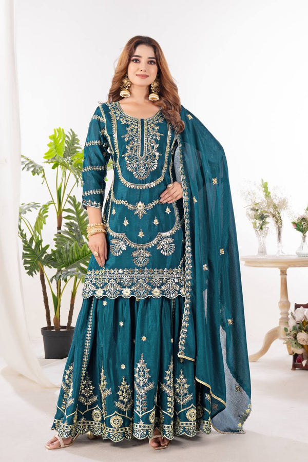 Festive Wear Teal Green Color Pure Chinnon Silk And Embroidery With Coding Sequence Work Palazzo Suit