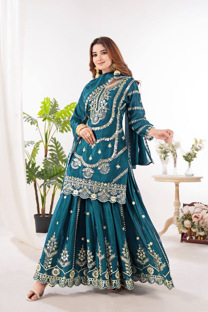 Festive Wear Teal Green Color Pure Chinnon Silk And Embroidery With Coding Sequence Work Palazzo Suit