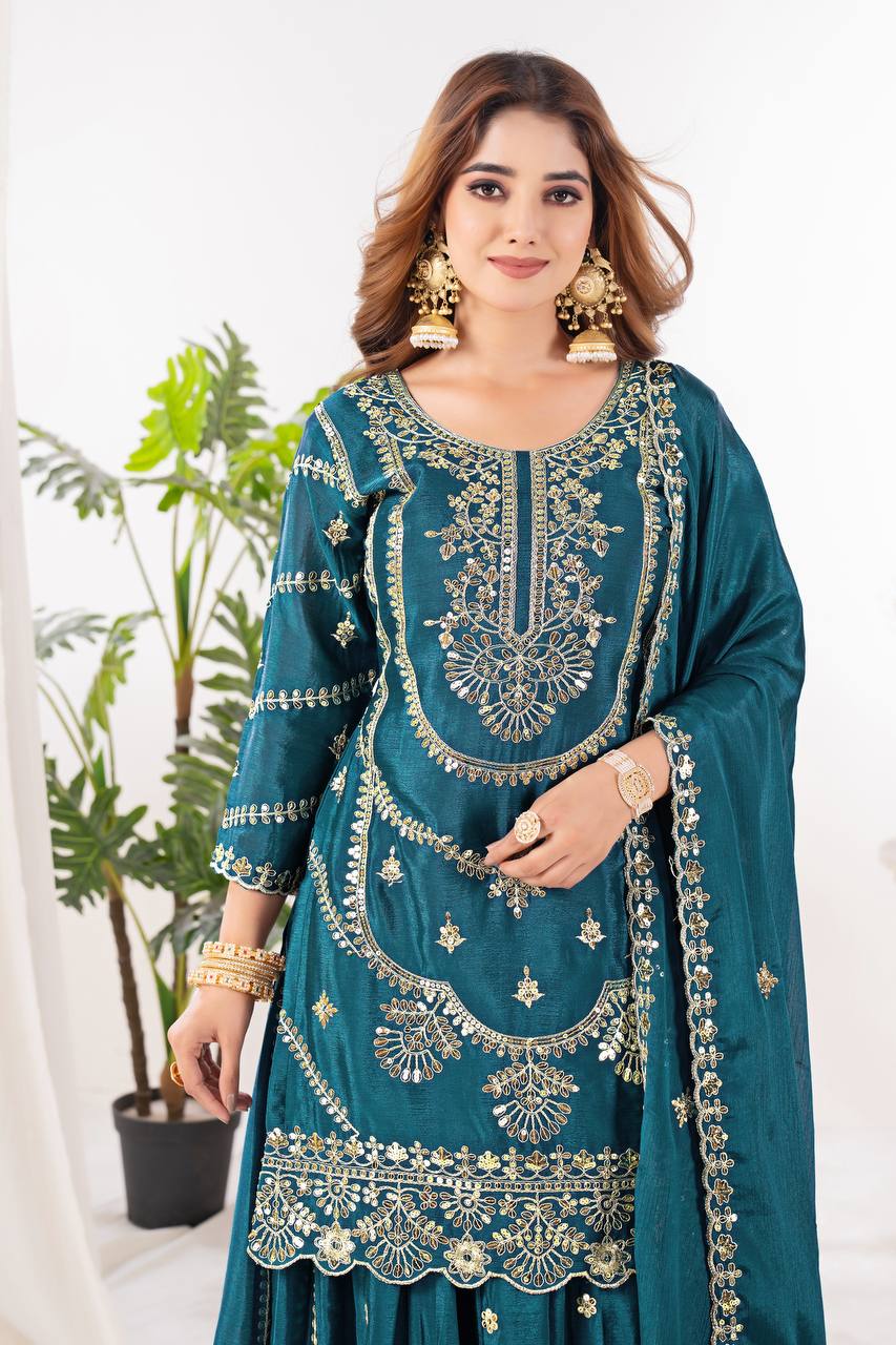 Festive Wear Teal Green Color Pure Chinnon Silk And Embroidery With Coding Sequence Work Palazzo Suit