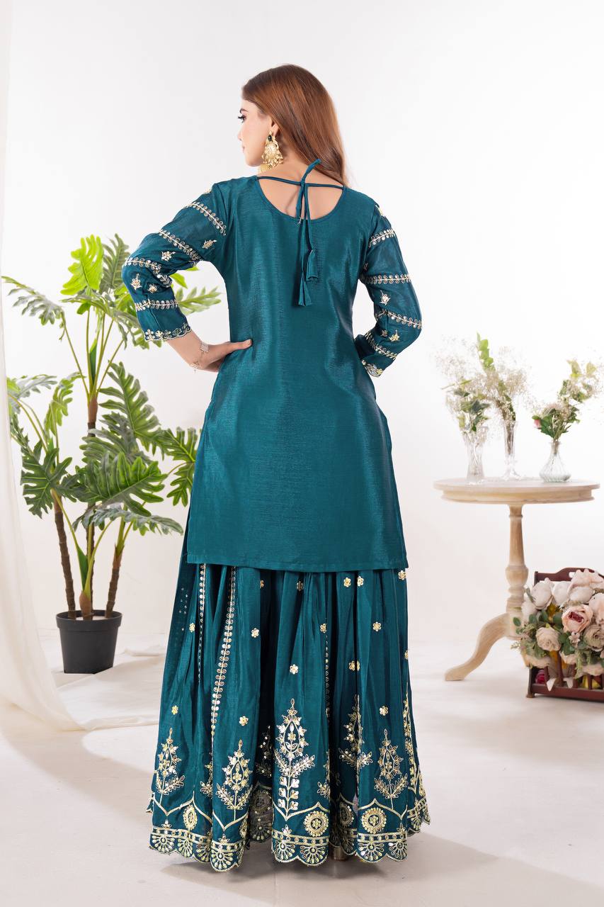 Festive Wear Teal Green Color Pure Chinnon Silk And Embroidery With Coding Sequence Work Palazzo Suit