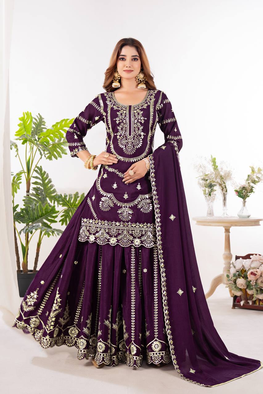 Function Wear Wine Color Pure Chinnon Silk And Embroidery With Coding Sequence Work Palazzo Suit