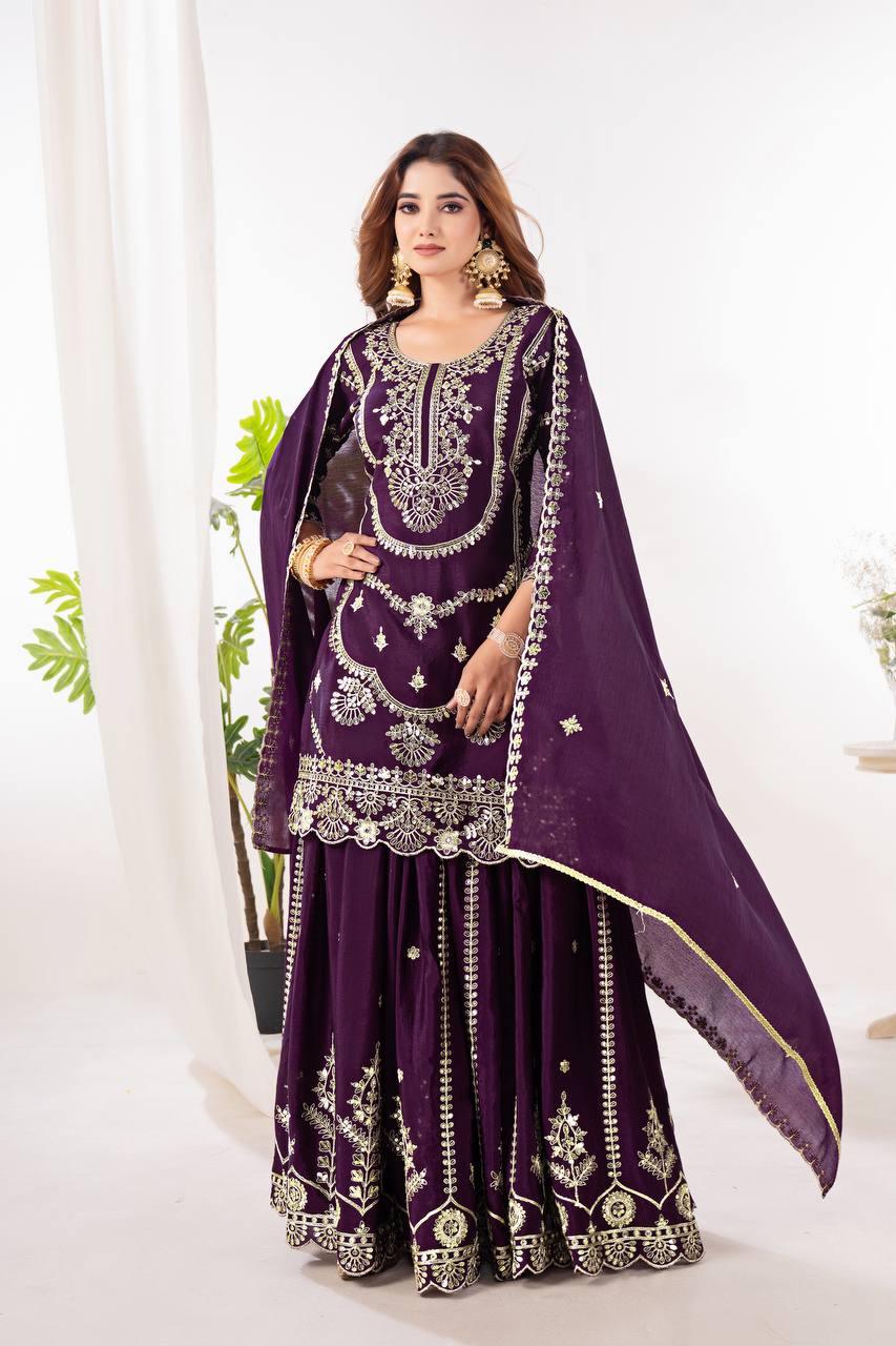 Function Wear Wine Color Pure Chinnon Silk And Embroidery With Coding Sequence Work Palazzo Suit