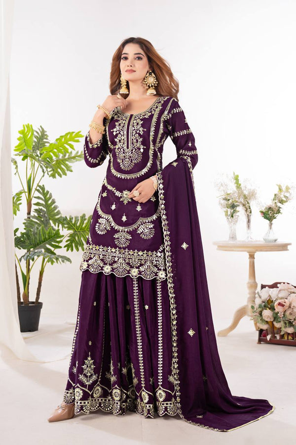 Function Wear Wine Color Pure Chinnon Silk And Embroidery With Coding Sequence Work Palazzo Suit