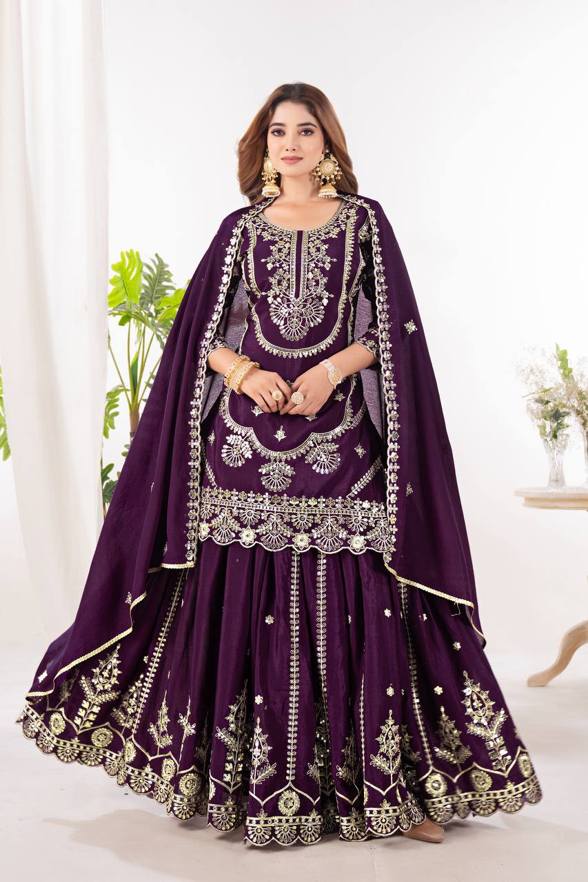Function Wear Wine Color Pure Chinnon Silk And Embroidery With Coding Sequence Work Palazzo Suit